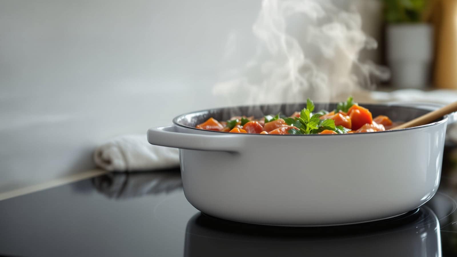 A steaming enameled pot of vegetable stew on a black glass induction cooktop.