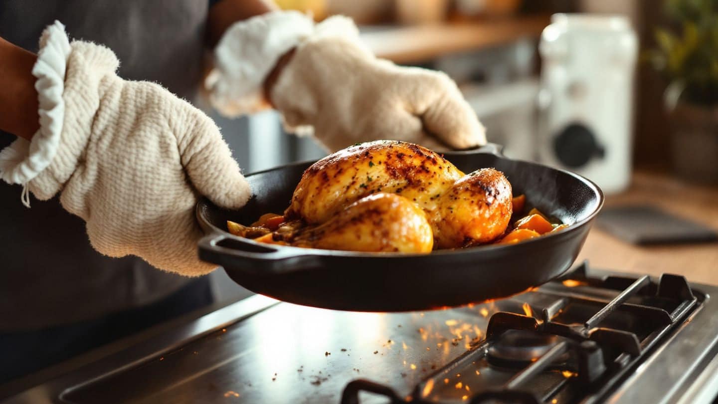Hands in oven mitts lift a skillet of roast chicken from an oven.