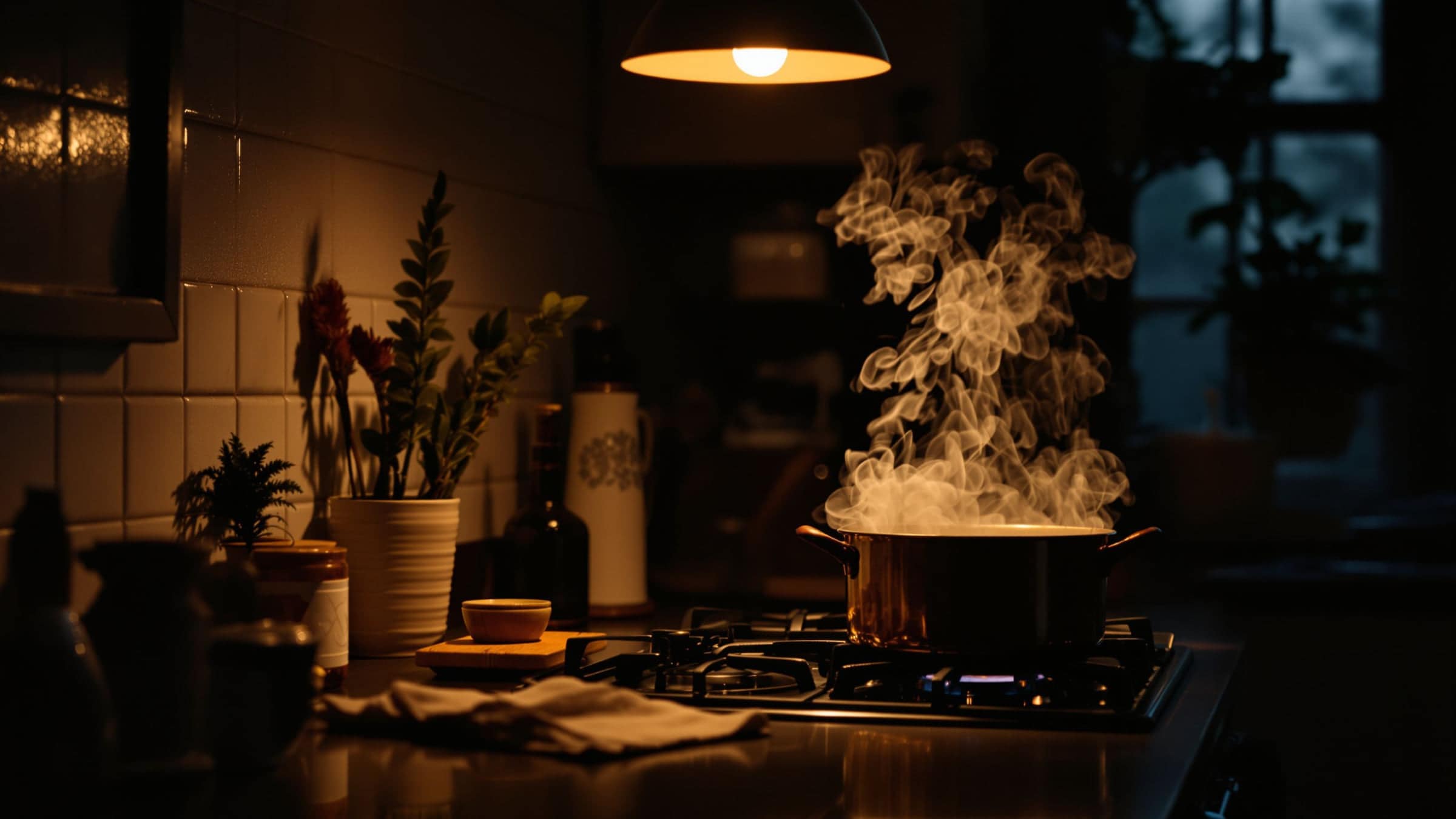 A pot simmering on a stove under a pendant light in a dim kitchen.