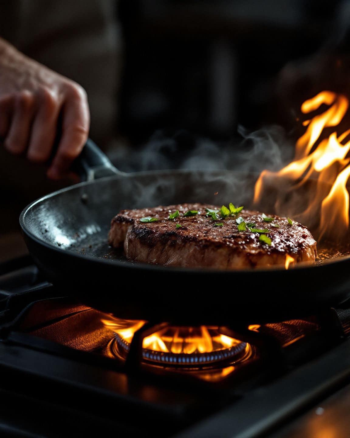 A steak sears in a dark pan over a high gas flame.