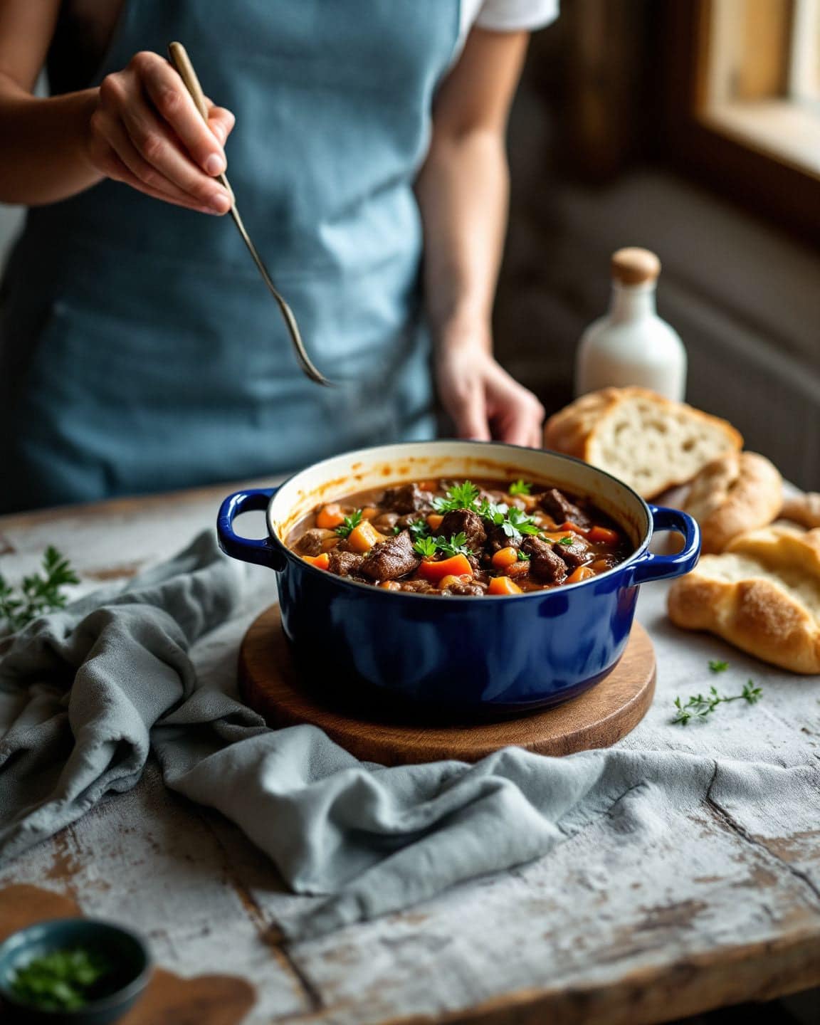 A blue enameled Dutch oven of beef stew on a rustic table with bread.