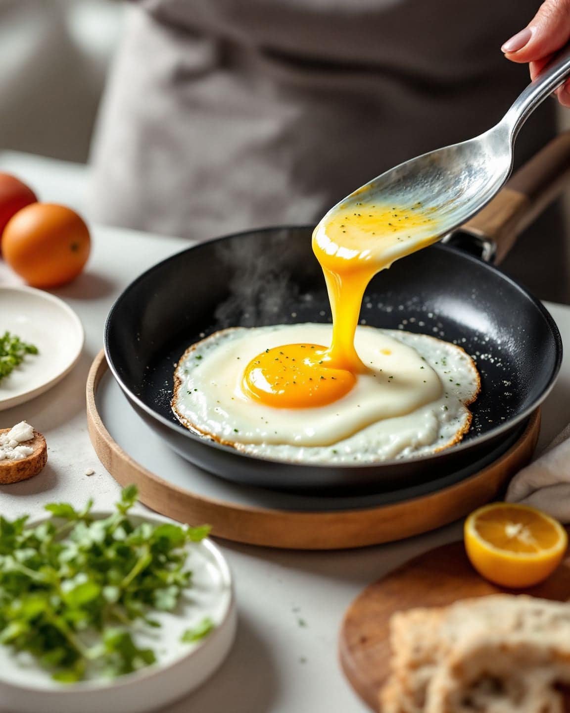 Egg yolk spooned over a frying egg in a nonstick pan.