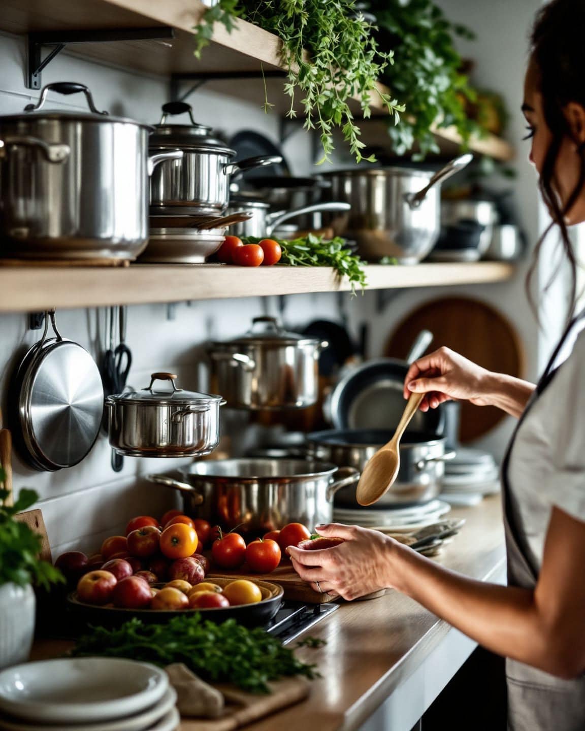 A cook stirs a pot beside open shelves stacked with stainless steel pots and pans.